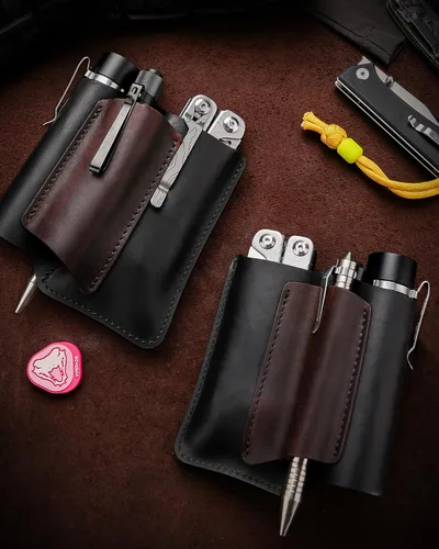 Miniatura 9 de VIPERAED PJ38 Funda multiherramienta de cuero para hombres, 4 en 1, organizador de bolsillo EDC para cuchillo de bolsillo, linterna multiherramienta