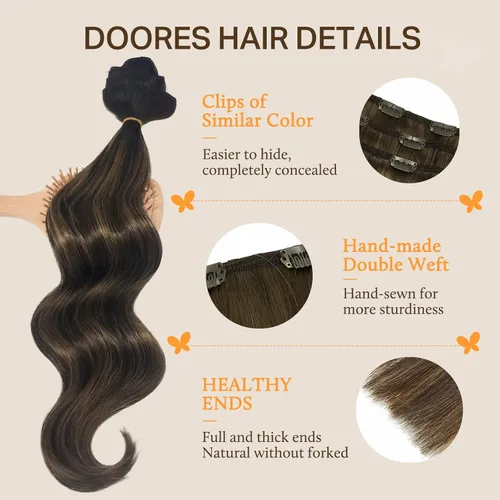 Miniatura 3 de DOORES - Extensiones de cabello humano real, liso, natural con clip, color balayage marrón oscuro a castaño, 12 pulgadas, 7 unidades, 2.82 onzas