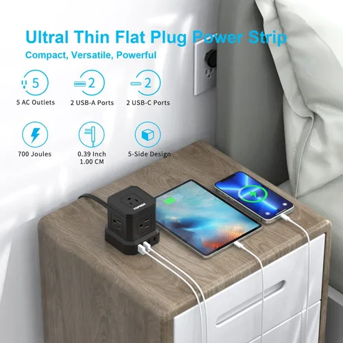 Miniatura 7 de TOPREK Regleta de alimentación con USB, USB C (3.0 A) con 5 tomas, 2 USB-C y 2 USB-A, cable de extensión plano de 5 pies con enchufe plano Negro-5FT