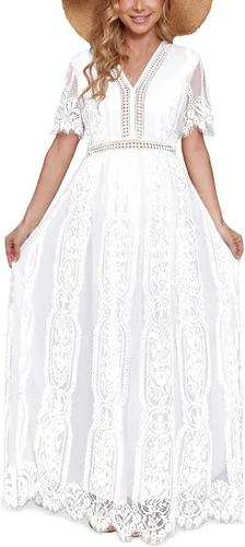 Miniatura 4 de Vestido de maternidad de encaje con cuello en V para sesión de fotos, baby shower, boda, verano, encaje floral, vestidos de embarazo bohemios