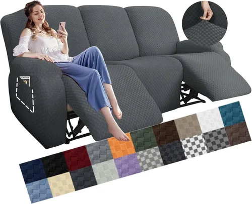 Miniatura 33 de YEMYHOM Funda elástica de 4 piezas para silla reclinable de jacquard con bolsillo lateral, antideslizante, ajustable, protector de muebles con parte