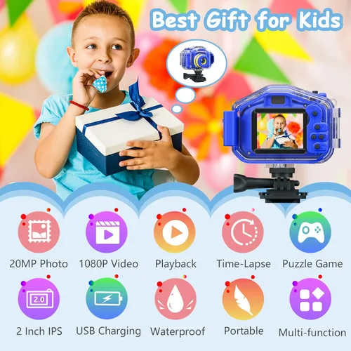 Miniatura 2 de Agoigo - Cámara resistente al agua para niños, videocámara digital HD sumergible, juguete de viaje portátil para niños pequeños - Regalo ideal