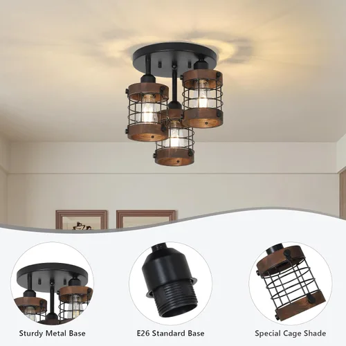Miniatura 4 de PAUFUL Lámpara de techo semiempotrada, lámpara de araña de granja de 3 luces para montaje en techo, lámparas negras para pasillo con pantalla
