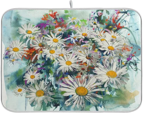 Miniatura 30 de Tapete de secado de platos de flores de fondo negro para encimera de cocina de 18 x 24 pulgadas, tapete de microfibra absorbente, tapete de secado