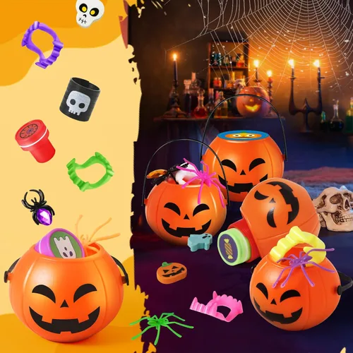 Miniatura 4 de 168 piezas de recuerdos de fiesta de Halloween para niños, paquete de 24 calabazas precargadas de Halloween con juguetes, araña, dientes de vampiro