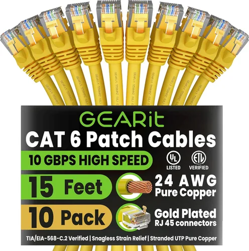 GearIT Cable Ethernet Cat 6 Cat 6, cable de conexión Cat 6, cable Ethernet Cat6, cable de red, cable de Internet, amarillo de 15 pies (paquete de 10)