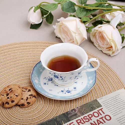 Miniatura 2 de fanquare - Juego de 6 tazas de té de rosa azul de 5 onzas, tazas de café de porcelana con borde dorado para fiesta en casa, tazas y platillos