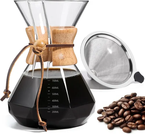 Miniatura 12 de Cafetera de Goteo 14 OZ, 4 Tazas Cafetera de Vidrio de Borosilicato con Filtro de Acero Inoxidable Reutilizable y Empuñadura de Corcho para Café