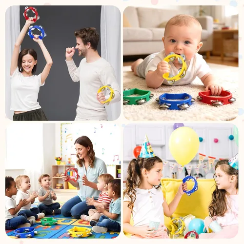 Miniatura 7 de Paquete de 4 panderetas de percusión de plástico, mini campanas de percusión con 4 cascabeles, instrumento musical de percusión de mano para adultos