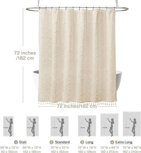 Miniatura 5 de Siiluminisoy Cortina de Ducha Boho Farmhouse de Tela Tejida Crema/Beige, 72 x 72 pulgadas, con Textura Chevrón Mechada a Rayas, Cortinas de Ducha