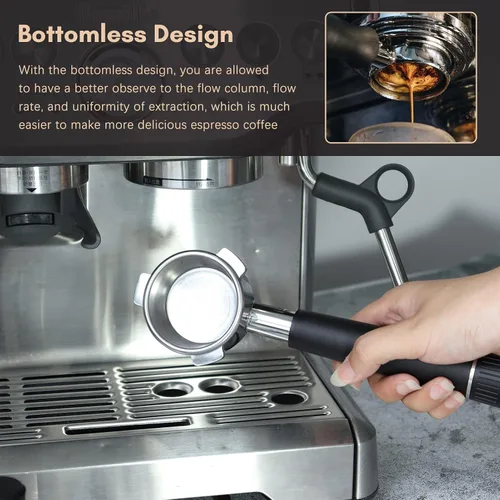 Miniatura 2 de Portafiltro sin fondo de 2.126 in, portafiltro sin fondo espresso con 3 orejas, con anillo de silicona y cesta de filtro, mango de aleación