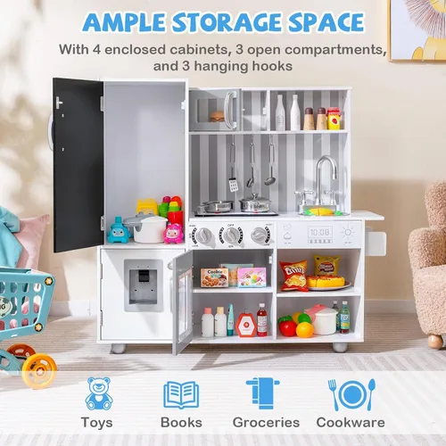 Miniatura 5 de Costzon Juego de cocina para niños, juego de cocina de chef de madera grande con sonidos y luces reales, microondas, pizarra, horno, máquina