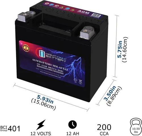 Miniatura 2 de Mighty Max Battery MM-AUX12 Batería Auxiliar 12 V 12 Ah, 20 RC, 200 CCA Batería AGM recargable para auto