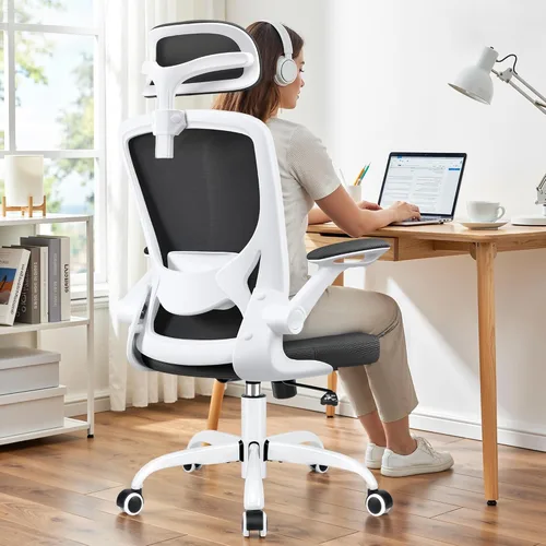 BESTFAIR Silla de oficina ergonómica, sillas de oficina de malla transpirable con soporte lumbar ajustable, brazos abatibles, silla de escritorio