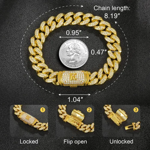 Miniatura 3 de ETEVON - Pulsera con inicial para hombre cadena de eslabones cubanos con cierre de caja circonita cúbica personalizada para él para marido novio San