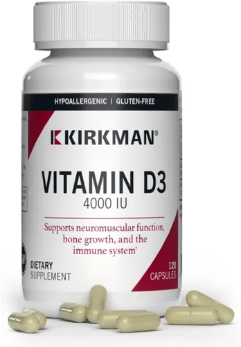Kirkman Vitamina D-3 4000 UI - Hipoalergénico || 120 cápsulas vegetarianas || Sin gluten || Sin caseína || Las cápsulas son a base de plantas
