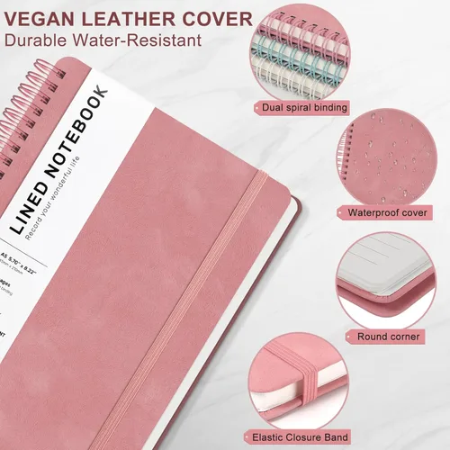 Miniatura 4 de Cuaderno de diario con líneas en espiral, cuaderno A5 de cuero de tapa dura para el trabajo, 5.7''×8.2'', papel grueso de 100GSM encuadernado