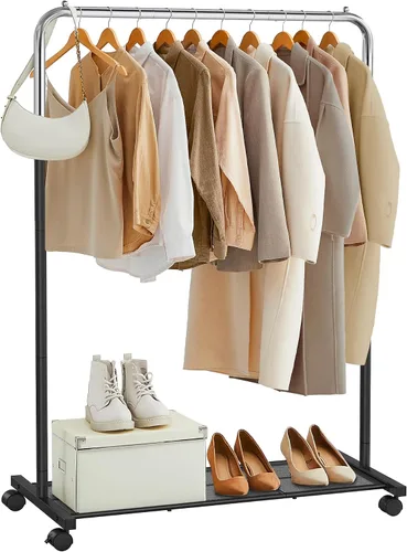Miniatura 8 de SONGMICS Perchero de doble barra con ruedas, perchero para colgar ropa, perchero resistente con estante de almacenamiento de malla, 2 frenos, cada