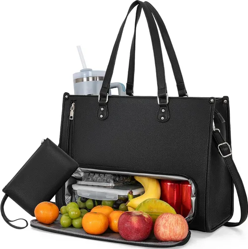 Miniatura 8 de Bolsa de mano para computadora portátil para mujer, 15.6 pulgadas, impermeable, de cuero, gran capacidad, maletín de trabajo para oficina y negocios