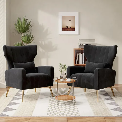 Miniatura 5 de Nebuaegis Silla decorativa de terciopelo con respaldo alado para sala de estar, sillón de respaldo alto con patas doradas, almohada lumbar, sofá
