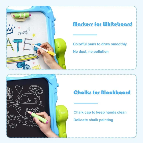 Miniatura 3 de Costzon Caballete de arte para niños, altura ajustable con rotación de 360°, tablero de dibujo de doble cara con pizarra y pizarra blanca, juego