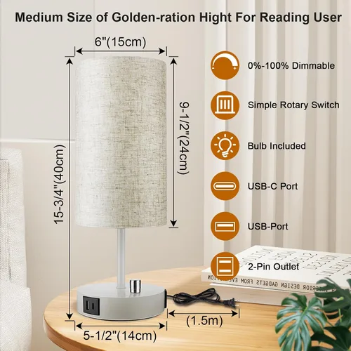 Miniatura 3 de LTBLIGHT Lámpara de mesita de noche con puerto USB + salida de CA, lámpara de escritorio regulable de 3 vías, lámpara pequeña de base blanca