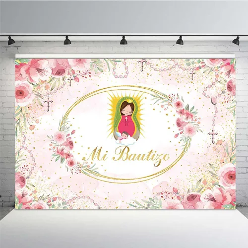 Miniatura 10 de MEHOFOND Telón de fondo de bautismo Mi Bautizo de 8 x 6 pies, acuarela, rosa, floral, hierba de las pampas, fondo de baby shower, fondo de baby