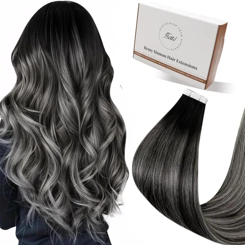 Miniatura 30 de Hetto Extensiones de cabello humano con nano cuentas, balayage, extensiones de cabello humano, color negro degradado a plateado, extensiones