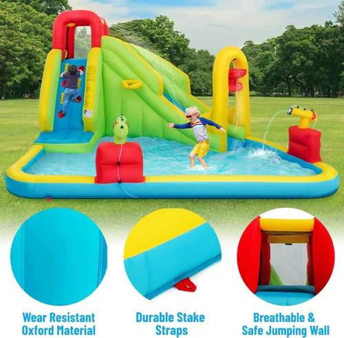 Miniatura 4 de HONEY JOY Tobogán acuático inflable, parque acuático inflable 7 en 1 para patio trasero de niños, piscina de chapoteo, pared de escalada, toboganes