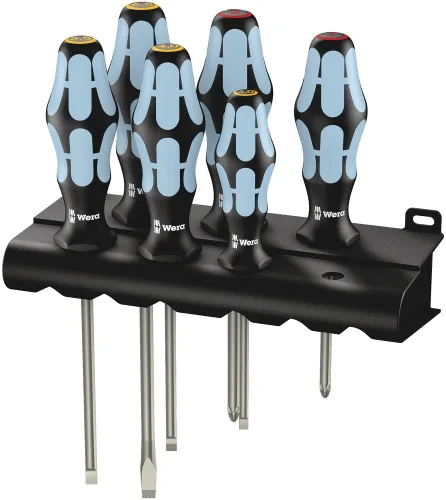 Wera 05032060001 Kraftform – Juego de destornilladores de acero inoxidable 3334/6 y base, 6 piezas, MULTI, Ranurados: 6.5x150mm, 3x80mm, 4x100mm,