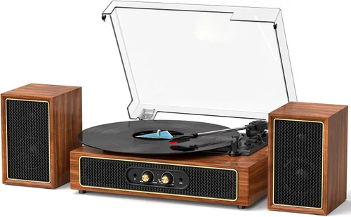Tocadiscos vintage con altavoces externos, tocadiscos de 3 velocidades con transmisión por correa, sonido estéreo dual, entrada Bluetooth, grabación
