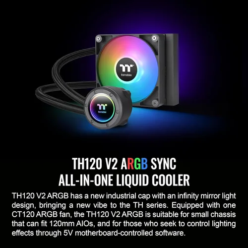 Miniatura 2 de Thermaltake TH120 ARGB Sync V2 Refrigeración líquida de CPU/Enfriador líquido AIO/Ventilador 120mm*1/PWM 500~2000 RPM/Bloque de agua espejo/Control