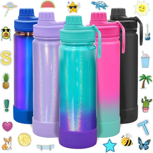 Miniatura 9 de CHILLOUT LIFE Botella de agua aislada para niños de 12 onzas para la escuela con tapa de boquilla a prueba de fugas y bonitas calcomanías Azul