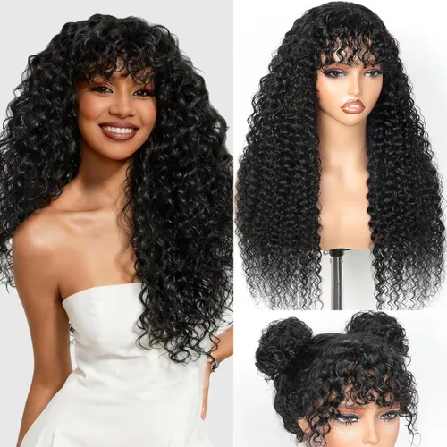 Miniatura 8 de Ruiyu - Peluca rizada con corte de pelo lanudo con flequillo, cierre de cabello humano, peluca sin pegamento, pelucas onduladas con flequillo