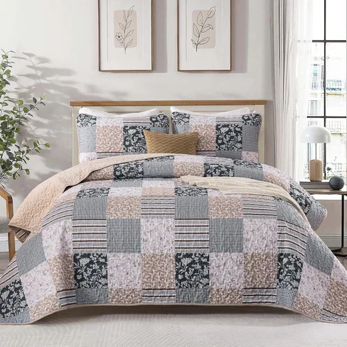 Miniatura 26 de Mybedsoul Juego de edredón bohemio beige tamaño individual, juego de colcha floral a cuadros de 3 piezas, juego de ropa de cama reversible