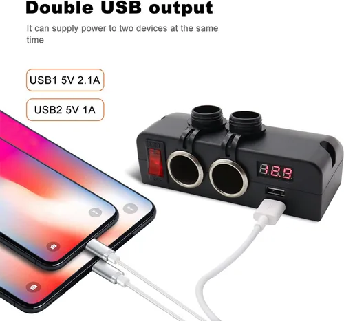 Miniatura 2 de Cargador de enchufe USB dual y adaptador divisor de encendedor de cigarrillos de salida de 12 V dual con voltímetro LED y interruptores de Adaptador