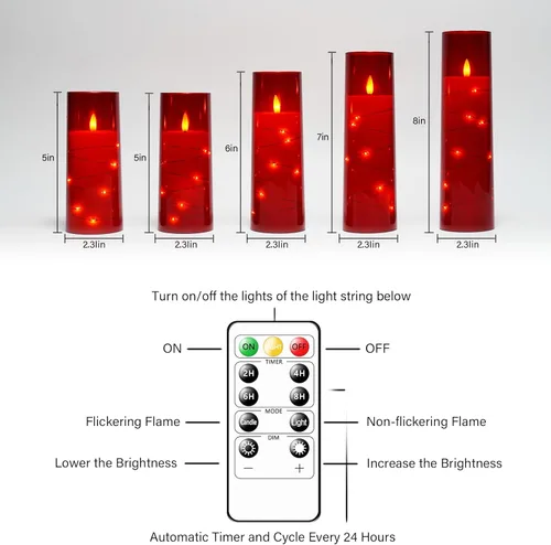 Miniatura 5 de kakoya Velas LED sin llama con temporizador, 5 piezas de velas parpadeantes sin llama para ambiente romántico y decoración del hogar, carcasa Rojo