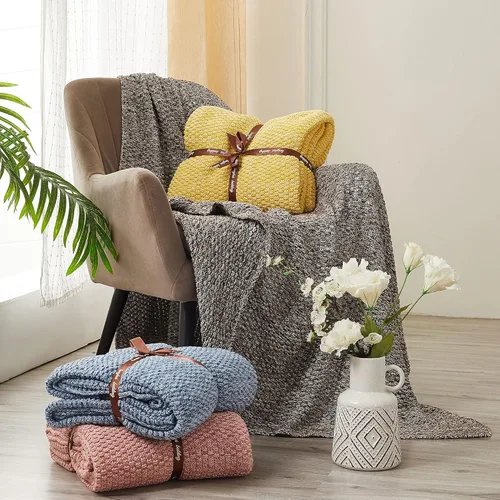 Miniatura 4 de Longhui bedding - Manta de punto amarilla brillante para sofá, suave, acogedora, lavable a máquina, 100% algodón, manta de punto para sofá, pesada