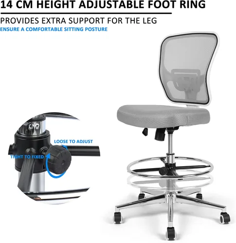 Miniatura 5 de Silla de dibujo, silla de oficina alta para escritorio de pie, taburete de dibujo con soporte lumbar, altura ajustable y anillo para el pie