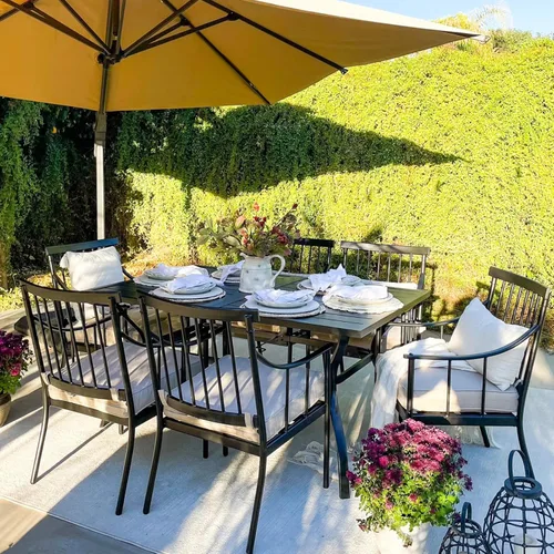 MFSTUDIO Juego de comedor al aire libre para 6, mesa de patio y sillas para patio trasero, terraza, jardín, juego de comedor de 7 piezas con agujero