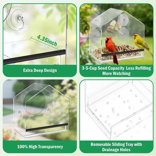 Miniatura 3 de Comedero para pájaros con ventosas fuertes, bandeja extraíble extra profunda de 4.35 pies para gran capacidad, casa de pájaros transparente