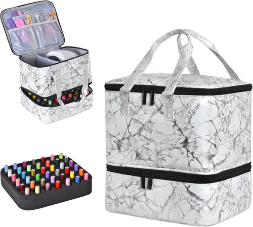 Miniatura 13 de Organizador de esmalte de uñas de doble capa, capacidad para 42 botellas, almacenamiento de esmalte de uñas con asa, estuche organizador de bolsa