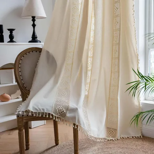 Miniatura 48 de Deeprove Cortinas bohemias para dormitorio, rayas huecas de ganchillo crema y estampado floral, tela de lino de algodón, con borlas beige bohemias