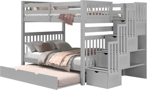 Miniatura 3 de Bedz King Literas de escalera de tamaño matrimonial sobre matrimonial con 4 cajones en los escalones y un nido completo, color gris Cerezo oscuro