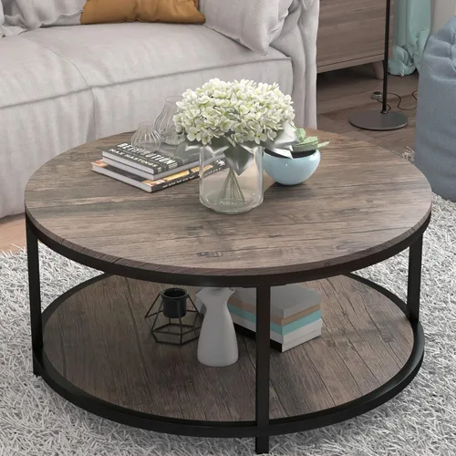 Miniatura 15 de NSdirect Mesa auxiliar redonda de 32 pulgadas para sala de estar, mesa central de madera maciza de 2 niveles para decoración del hogar con estante