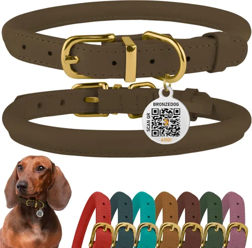 Miniatura 29 de Collar de cuero enrollado, redondo, suave y ajustable con placa de identificación por QR para perro pequeño, mediano y grande, cachorro y gato Azul