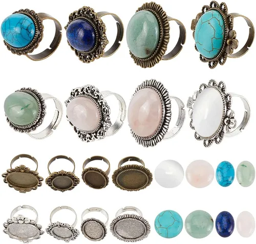 SUNNYCLUE 16 piezas DIY 8 juegos de anillos bisel en blanco piedra natural cabujones estilo antiguo anillo de dedo ajustable componentes en blanco