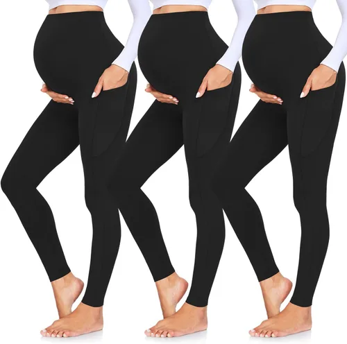 GROTEEN Paquete de 3 leggings de maternidad para mujer, sobre el vientre, con bolsillos, súper suaves, para entrenamiento, embarazo, yoga