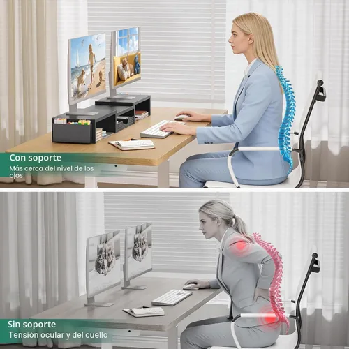 Miniatura 7 de OPNICE Soporte elevador de monitor doble con cajón y 2 soportes para bolígrafos, organizador de escritorio para suministros de oficina, soporte