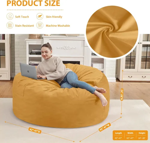 Miniatura 171 de Puf de 5 pies, puf grande con relleno de espuma viscoelástica, sofá puff esponjoso con funda de terciopelo holandés, puf redondo para sala de estar